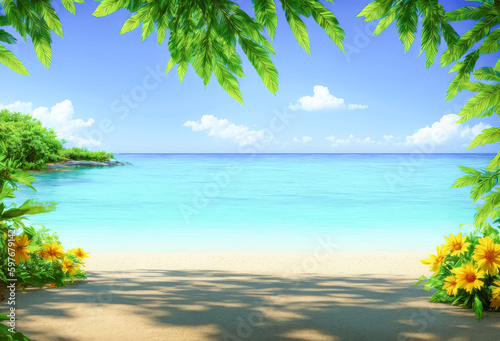 Beautiful beach with white sand, tropical greenery, turquoise ocean water and blue sky with clouds in sunny day. Natural background for summer vacation. Generative AI
