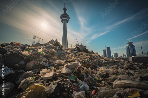Littered with rubbish, mountains of rubbish and waste in the city of Toronto against the backdrop of the TV tower attractions. Generative AI. photo