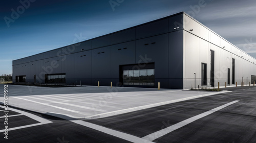 Modern black warehouse building with loading dock doors. Generative AI
