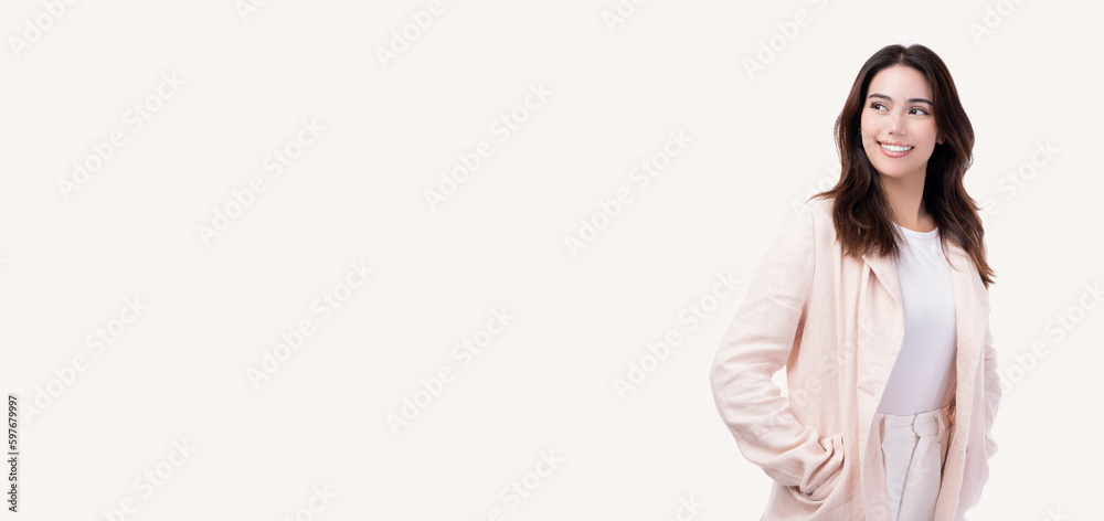 Smiling happy young business woman look copy space in studio Expressive facial expressions Presenting your product Beautiful business girl has imagination Isolated on pink background Business success Smiling happy young business woman look copy space in studio Expressive facial expressions Presenting your product Beautiful business girl has imagination Isolated on pink background Business success