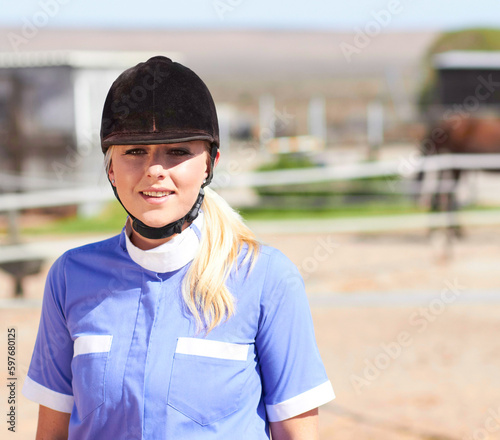 Woman, horse jockey and portrait of a young athlete on equestrian training ground for show and race. Outdoor, female person face and mockup on a animal farm for dressage with rider and horses