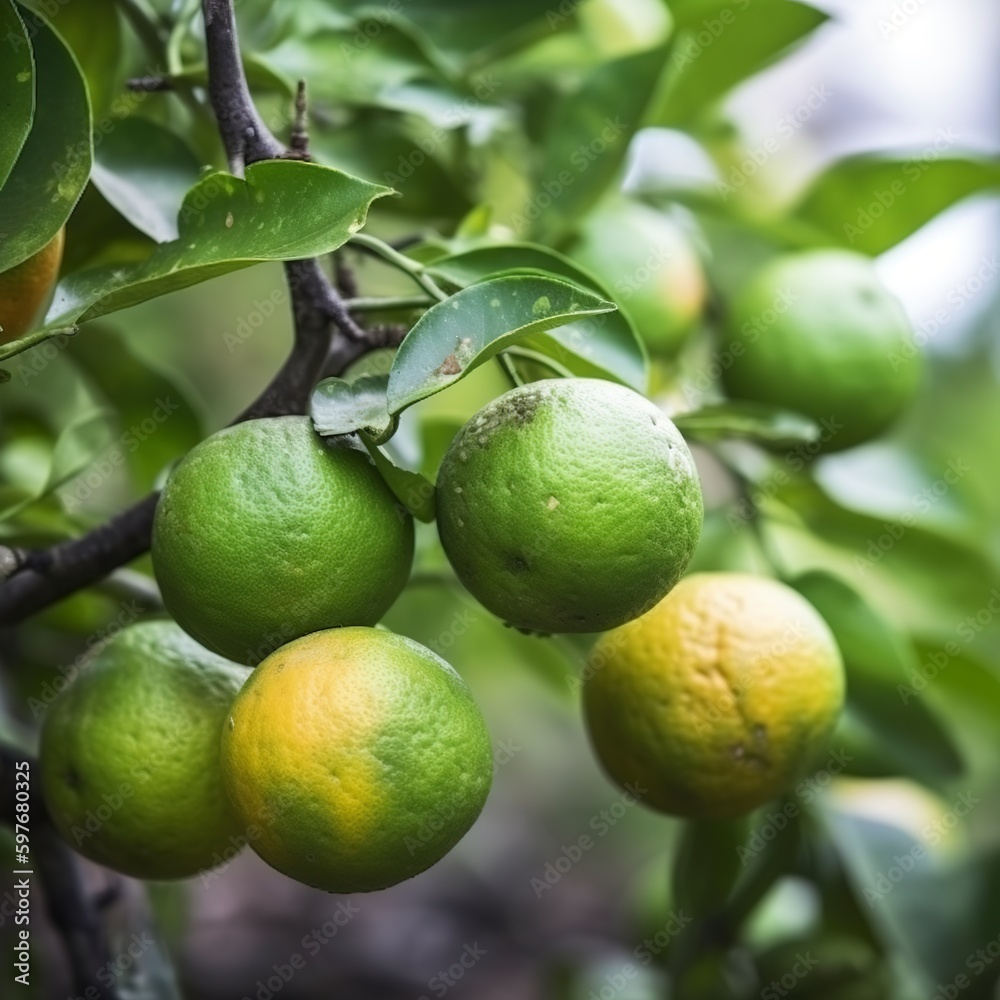 wet oranges on a tree branch with green foliage.