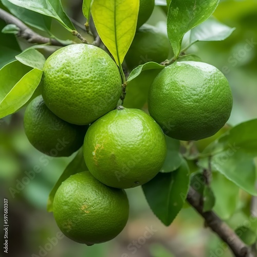 wet oranges on a tree branch with green foliage.