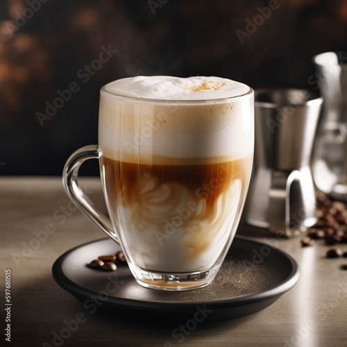 Coffee layers in a see-through glass cup: cafe latte macchiato. Coffee beans are on the table next to the cup, which is set against a wooden background.