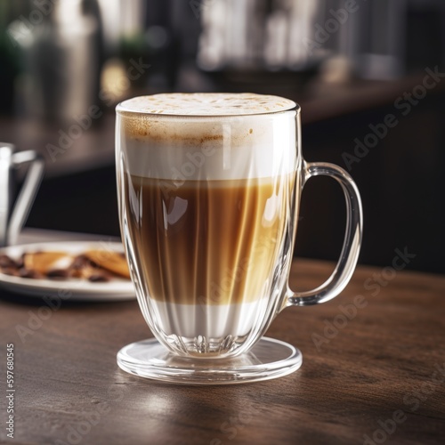 Coffee layers in a see-through glass cup  cafe latte macchiato. Coffee beans are on the table next to the cup  which is set against a wooden background.