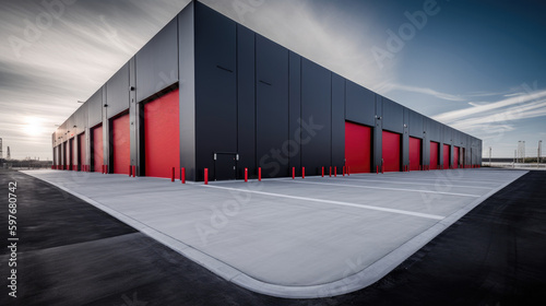 Modern black and red warehouse building with loading dock doors. Generative AI