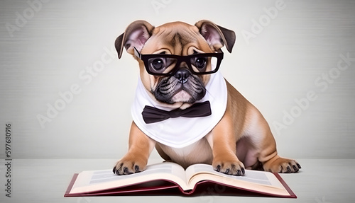 Cute PUG puppy with book about bedtime stories.