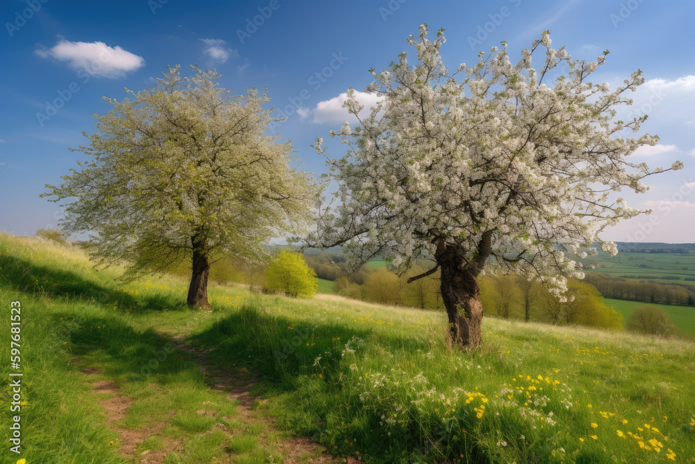 Two blooming fruit trees on a hilly flower meadow in spring in rural landscape with blue sky