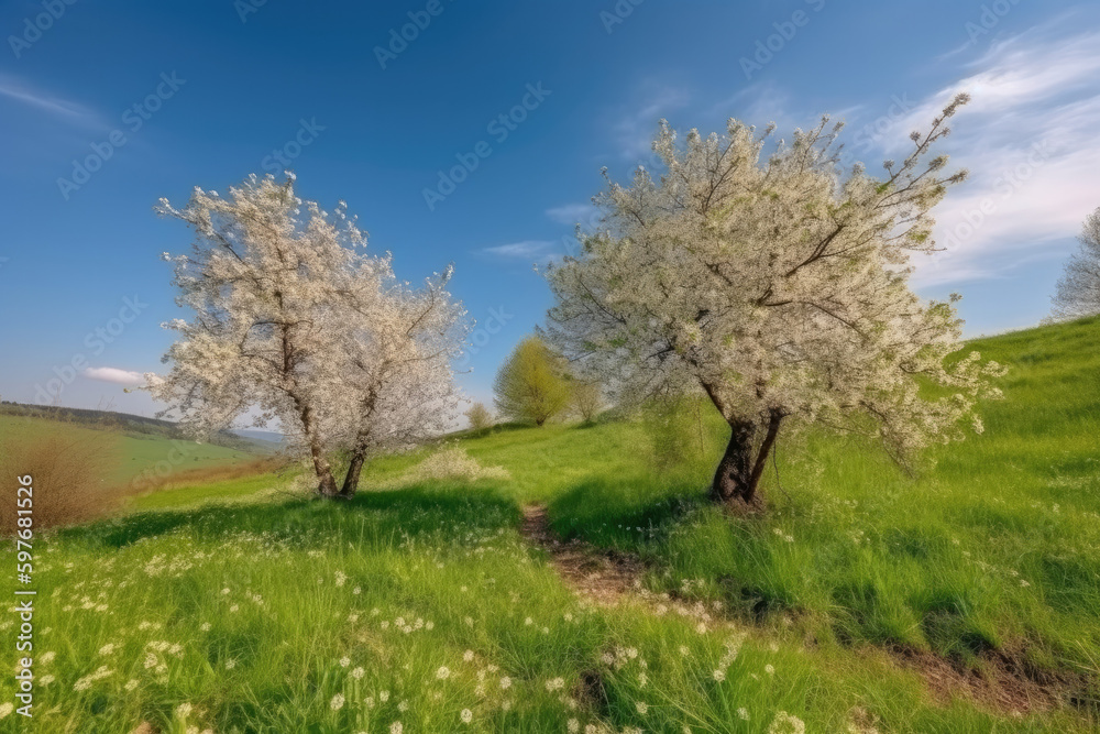 Two blooming fruit trees on a hilly flower meadow in spring in rural landscape with blue sky Two blooming fruit trees on a hilly flower meadow in spring in rural landscape with blue sky