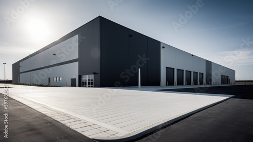 Modern warehouse building with loading dock doors. Generative AI