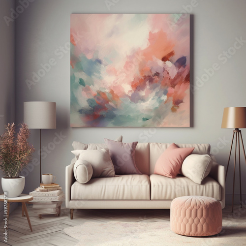 Soft, dreamy abstract composition in pink, lavender, peach, and mint hues on a neutral background.





