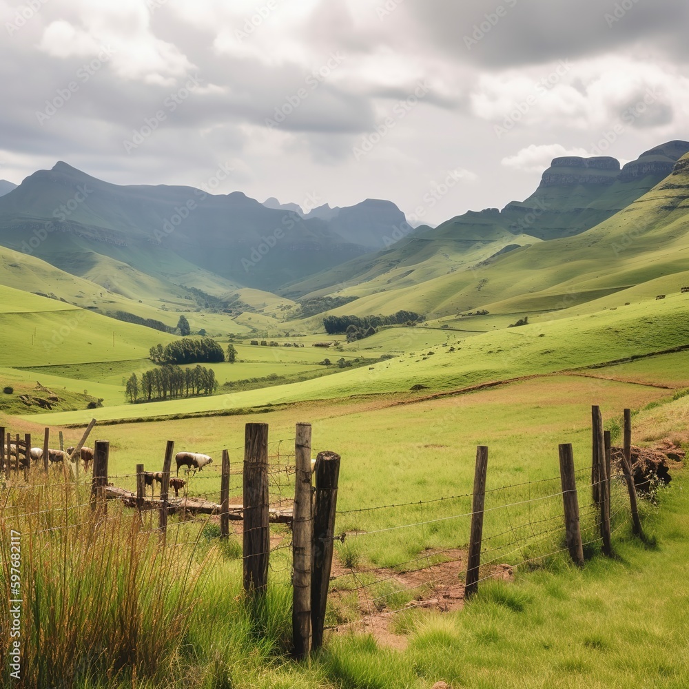 Beautifully lush green countryside with mountains. Generative AI.
Beautifully lush green countryside with mountains. Generative AI.
