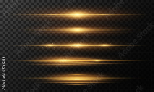 Stylish set of golden light effects with sparks isolated on black transparent background. Collection of horizontal glares for your project. Vector illustration
