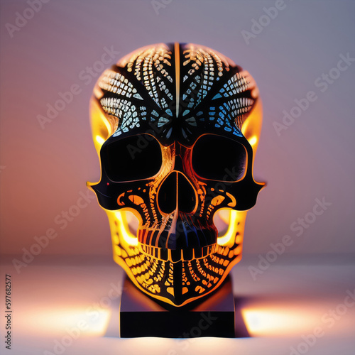 Glowing Abstract Skull in Yellow and Red on Display Stand Generative AI Illustration