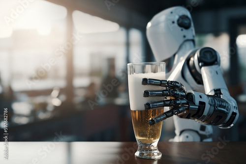 Humanoid AI android robot hand holding glass of beer. 