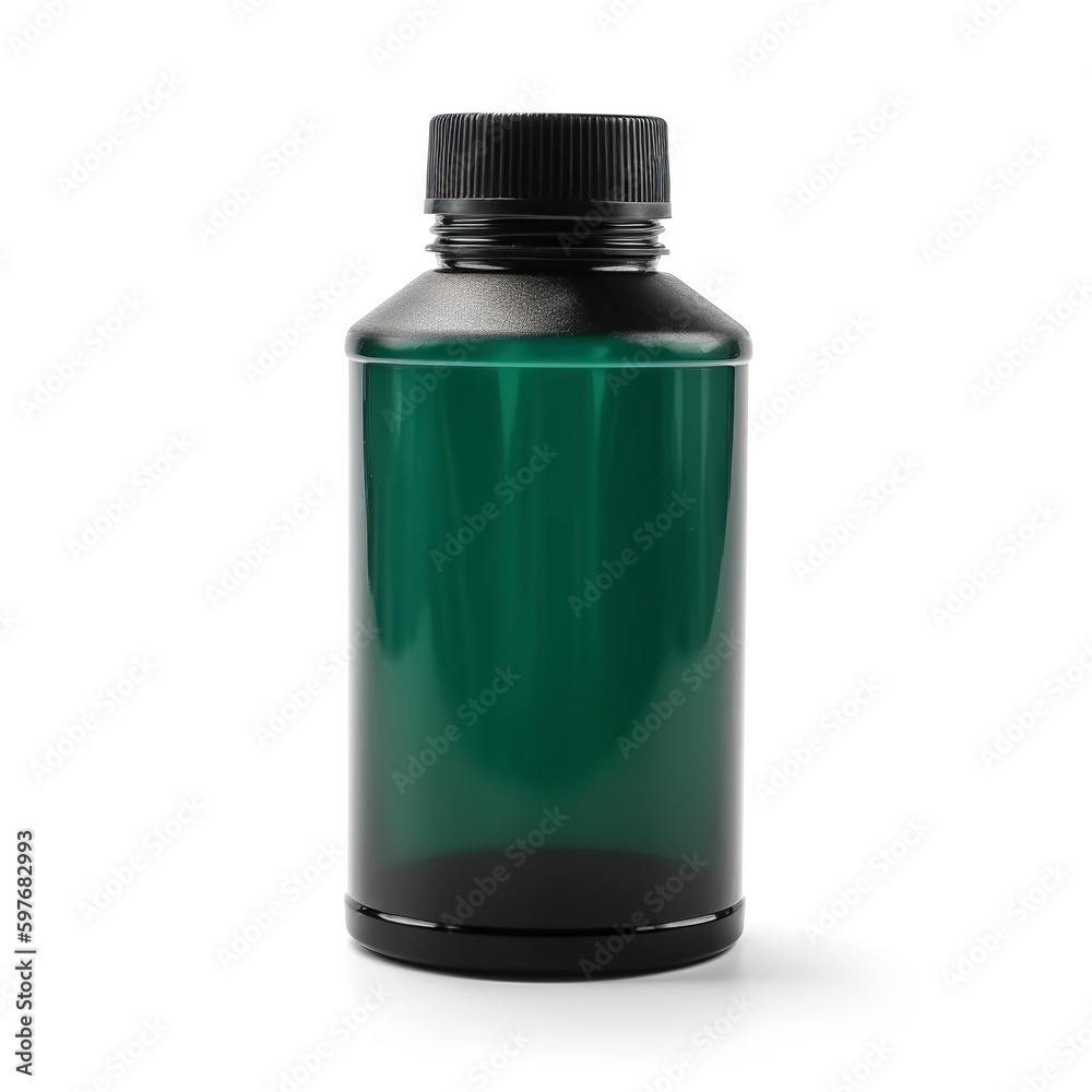 Fototapeta premium Mouthwash in a plastic bottle, isolated on white and green water, generative AI.