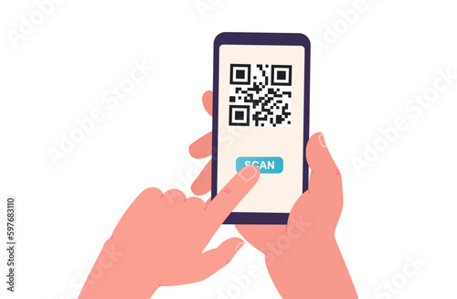 Hand holds smartphone scanning the QR code. Concept online shopping and payment, conducting transactions, searching applications.