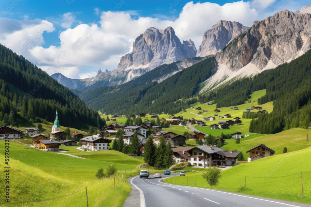 Dolomites summer landscape with villages on green grassy slopes of rugged mountains.