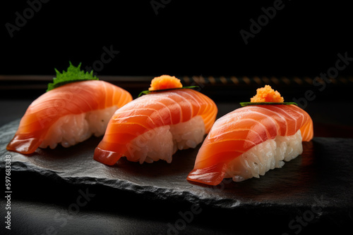 Sushi with salmon, Japansesse food. AI Generated.