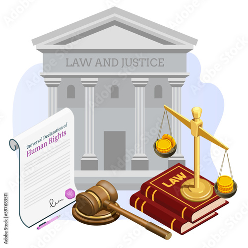 illustration of law and justice on human rights. Universal declaration of human rights concept