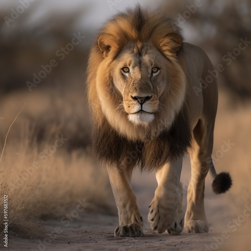 A beautiful male lion strolls in front of the camera  Generative AI.