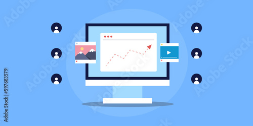 Website traffic increase with content marketing strategy, more incoming visitors, optimize advertising for target audience, web banner vector illustration.