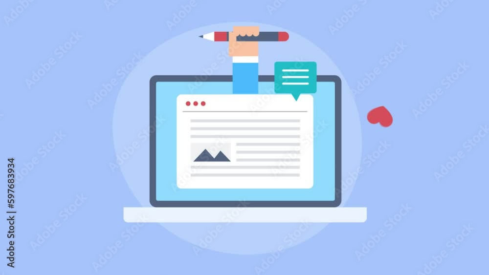 Creative blog writing on laptop, content sharing on social media. Copy writer concept. 2d animation. Creative blog writing on laptop, content sharing on social media. Copy writer concept. 2d animation.