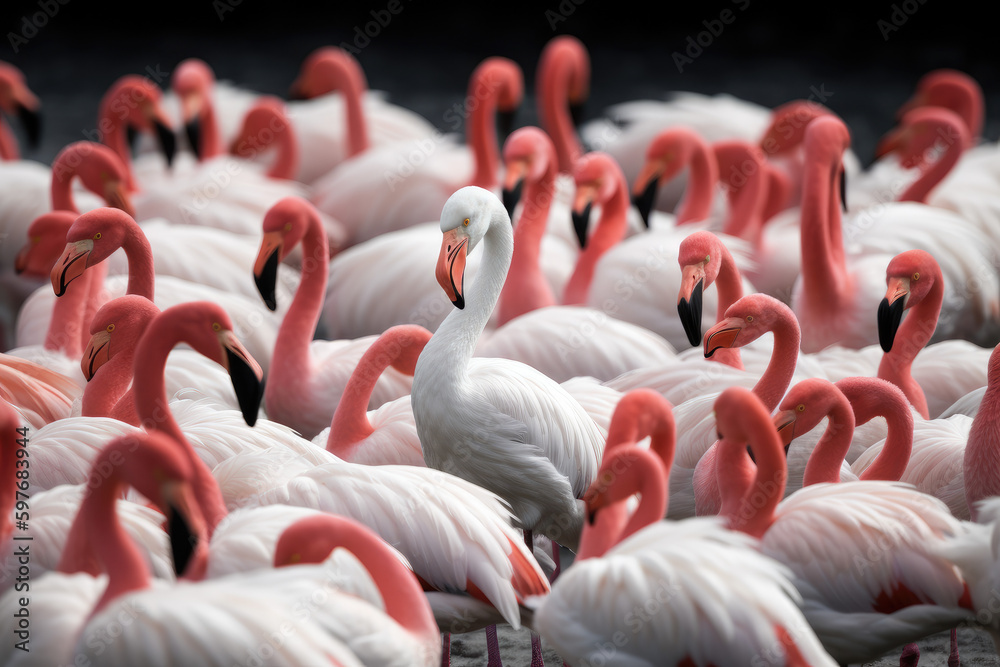 Naklejka premium A white bird standing out from a flock of flamingos.