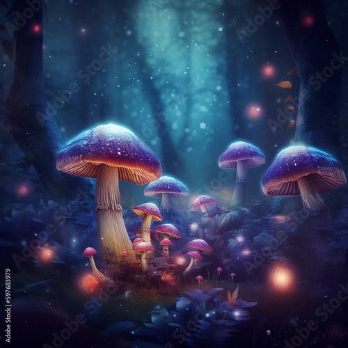 magical mushrooms in a mysterious forest. Generative AI.