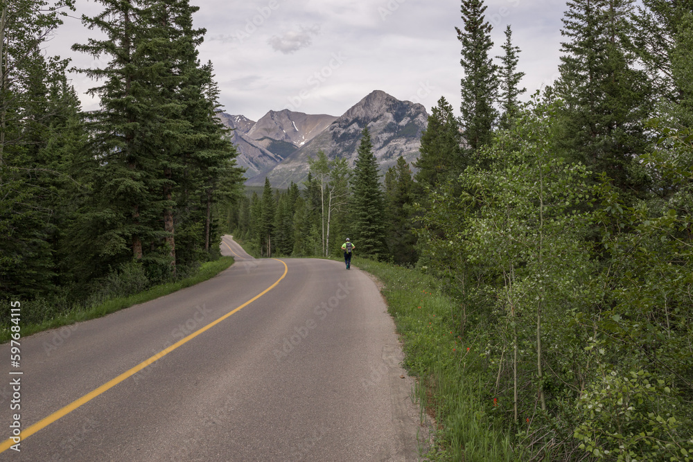 A human walking on a road in the spring forest of the Rocky Mountains. Perfect asphalt mountain road with yellow markings and pine trees.Transport. Empty highway in Journey