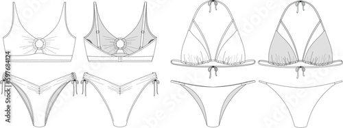 "Woman sustainable swimwear, technical drawing, template, sketch, flat, mock up. Recycled PA, Recycled PES, Lycra fabric swimwear front and back view, white color"