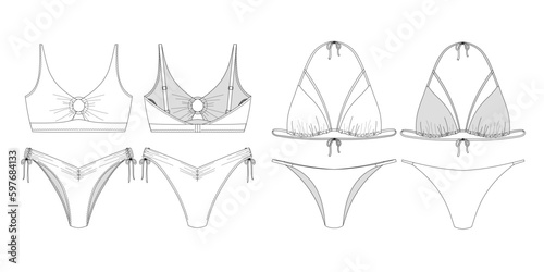"Woman sustainable swimwear, technical drawing, template, sketch, flat, mock up. Recycled PA, Recycled PES, Lycra fabric swimwear front and back view, white color"