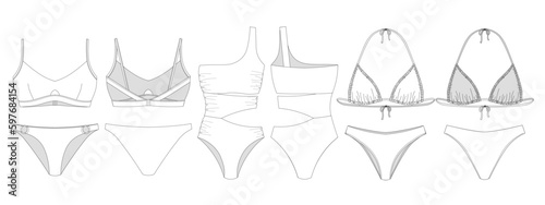 "Woman sustainable swimwear, technical drawing, template, sketch, flat, mock up. Recycled PA, Recycled PES, Lycra fabric swimwear front and back view, white color"