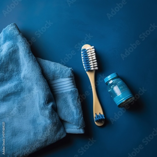 On the blue terry towel a toothbrush with paste tubes. Generative AI.