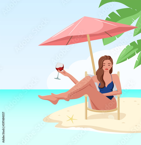 A beautiful woman is relaxing on the beach. Summer vacation. 
