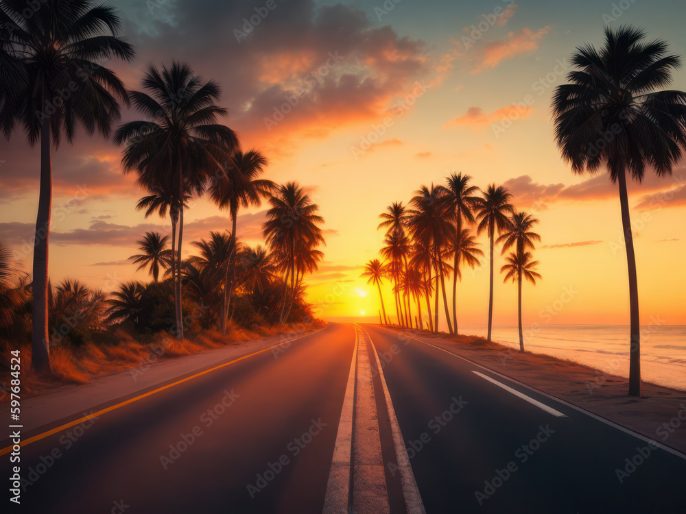 Obraz premium Palm trees along an empty road leading towards the ocean, sunset, generative AI