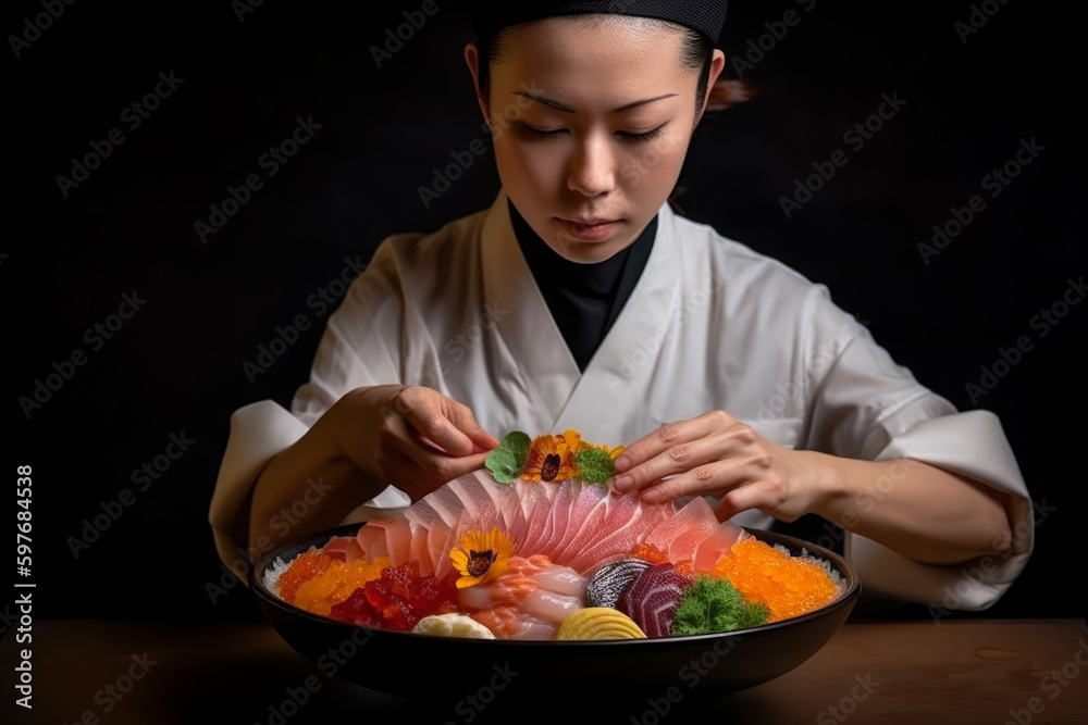 Young Japanese chef make a sushi, Japanesse food. AI Generated. Young Japanese chef make a sushi, Japanesse food. AI Generated.