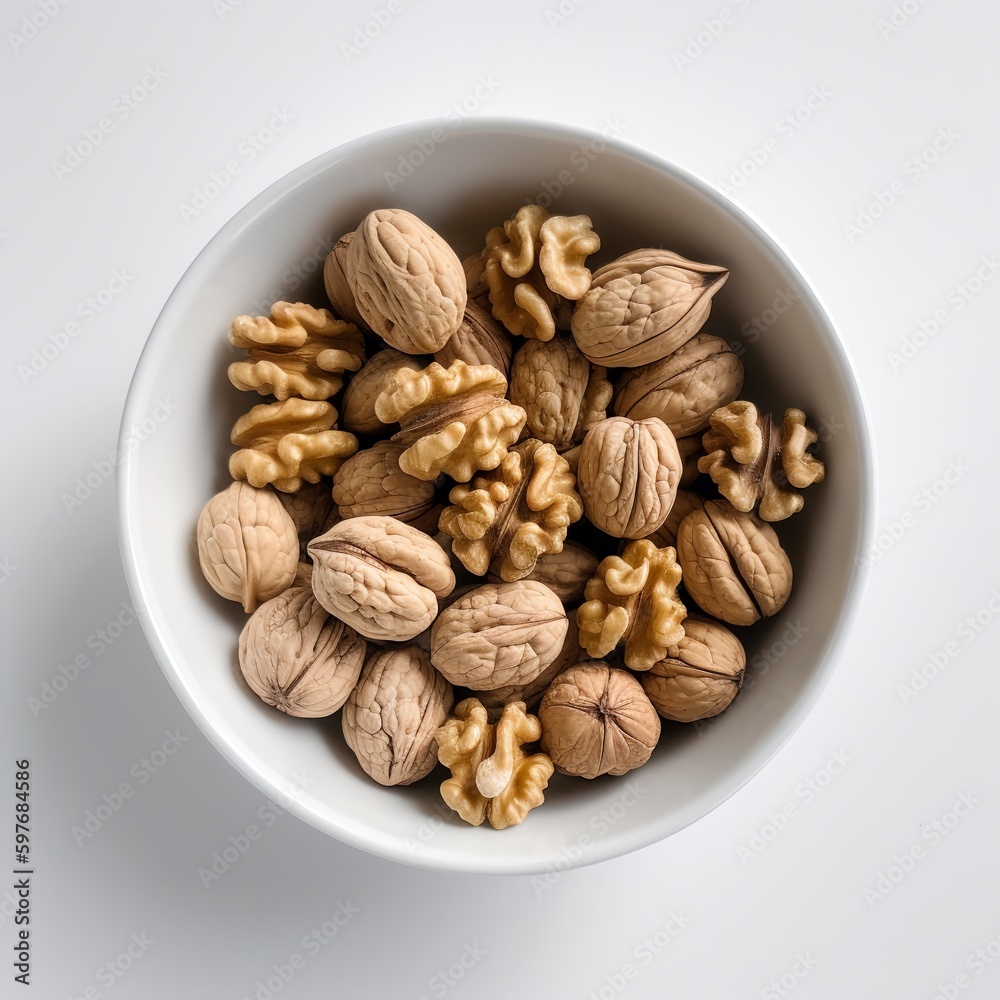 Walnuts that have been peeled on a white bowl background. Generative AI. Walnuts that have been peeled on a white bowl background. Generative AI.