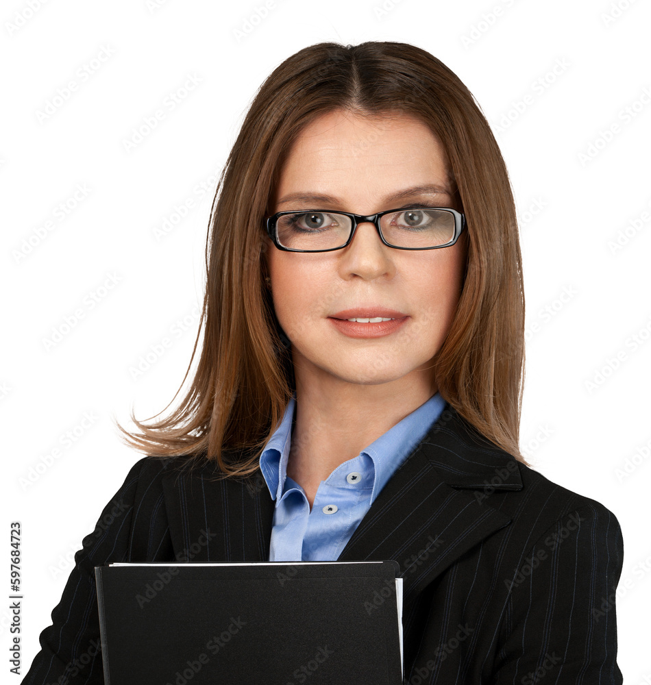 Businesswoman With Glasses Holding Folder Close-up - Isolated Businesswoman With Glasses Holding Folder Close-up - Isolated