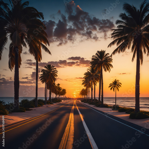 Palm trees along an empty road leading towards the ocean, sunset, generative AI