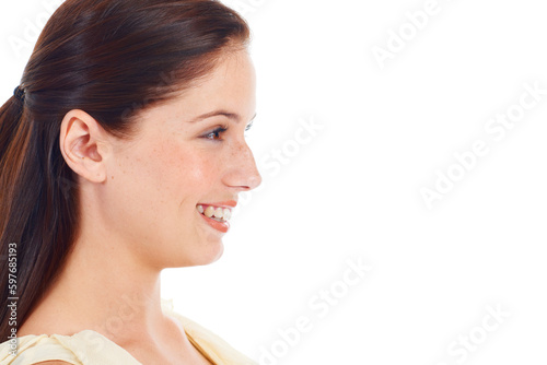 Face profile, smile and happy woman with mockup copy space, brand logo satisfaction or discount sales announcement. Studio commercial, happiness and female model smile on mock up white background
