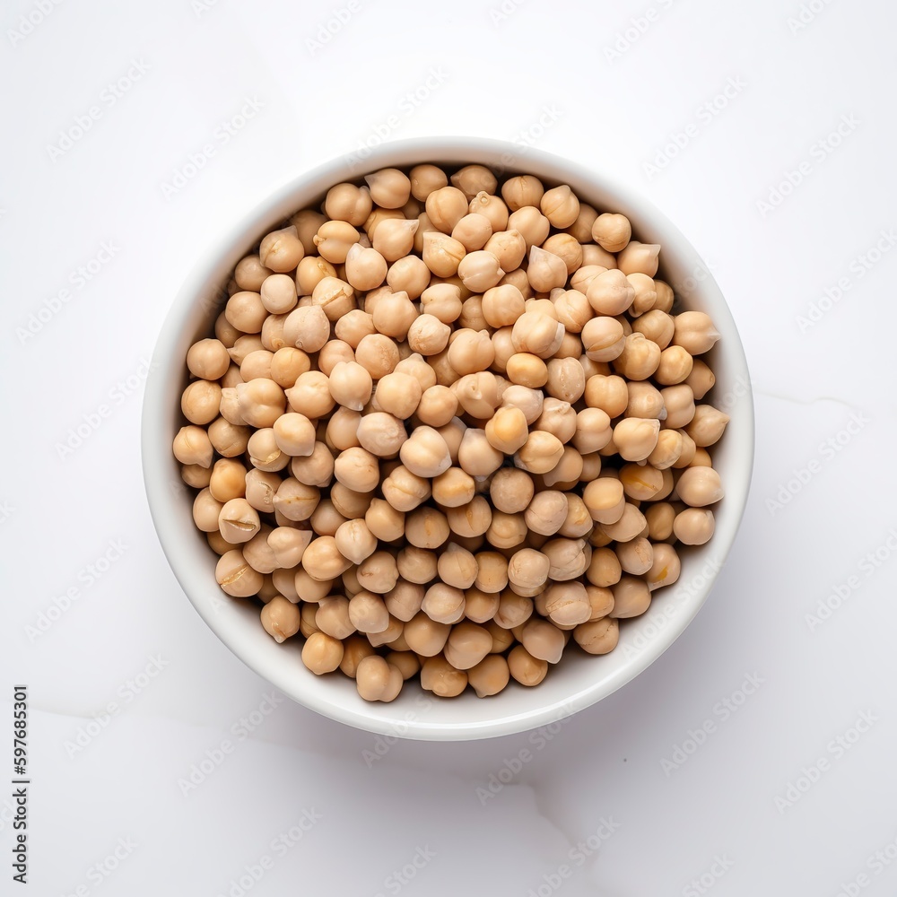 Raw chickpeas in a white bowl white background. a top view. Generative AI.
