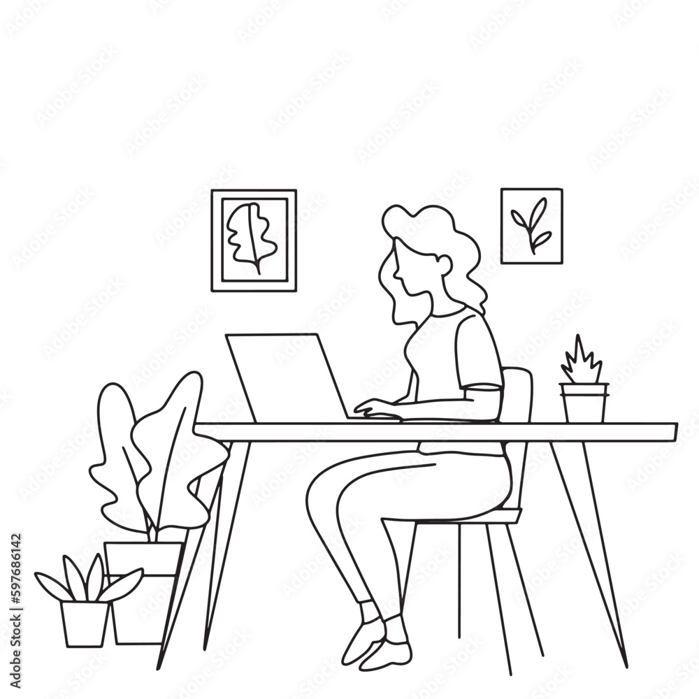 Continuous line. Freelan. Woman sitting and working at home. with computer schoolgirl lifestyle woman listening music podcast illustration vector hand drawn Continuous line. Freelan. Woman sitting and working at home. with computer schoolgirl lifestyle woman listening music podcast illustration vector hand drawn