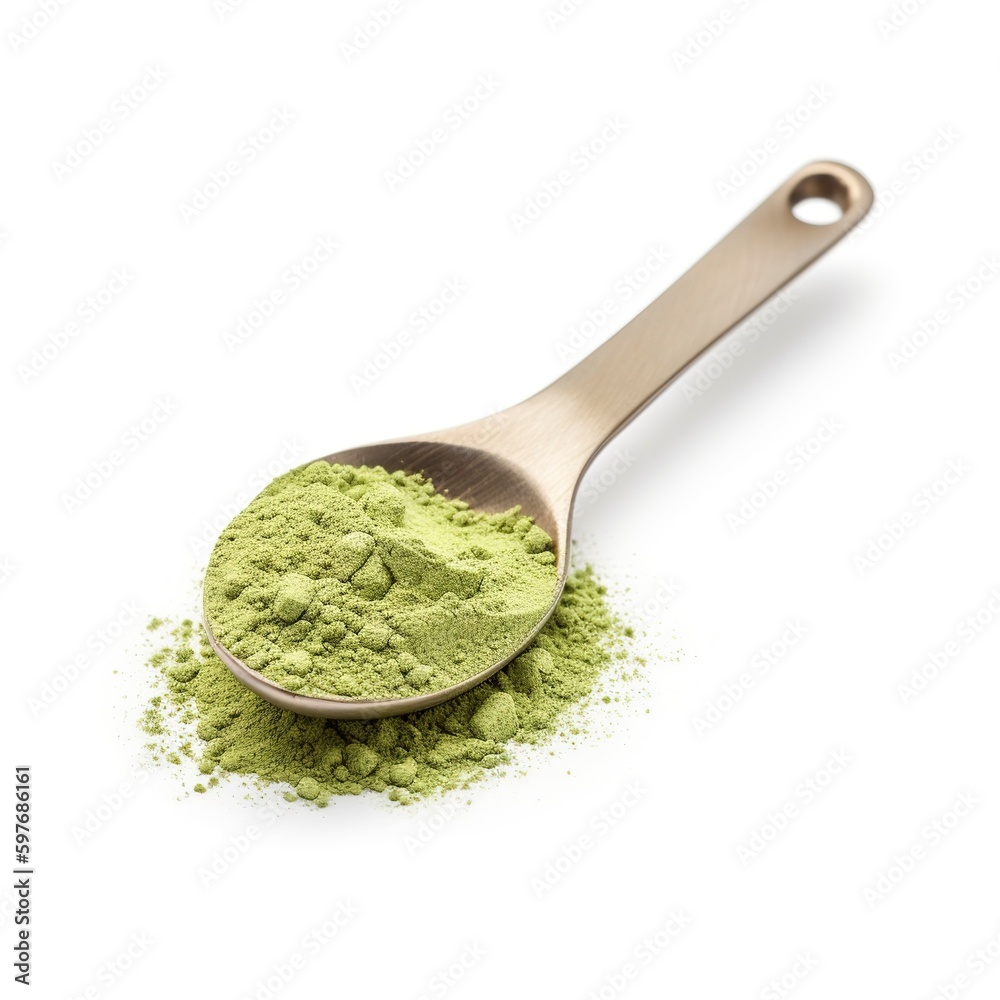 Spoon with green matcha tea powder on a white background. Generative AI. Spoon with green matcha tea powder on a white background. Generative AI.