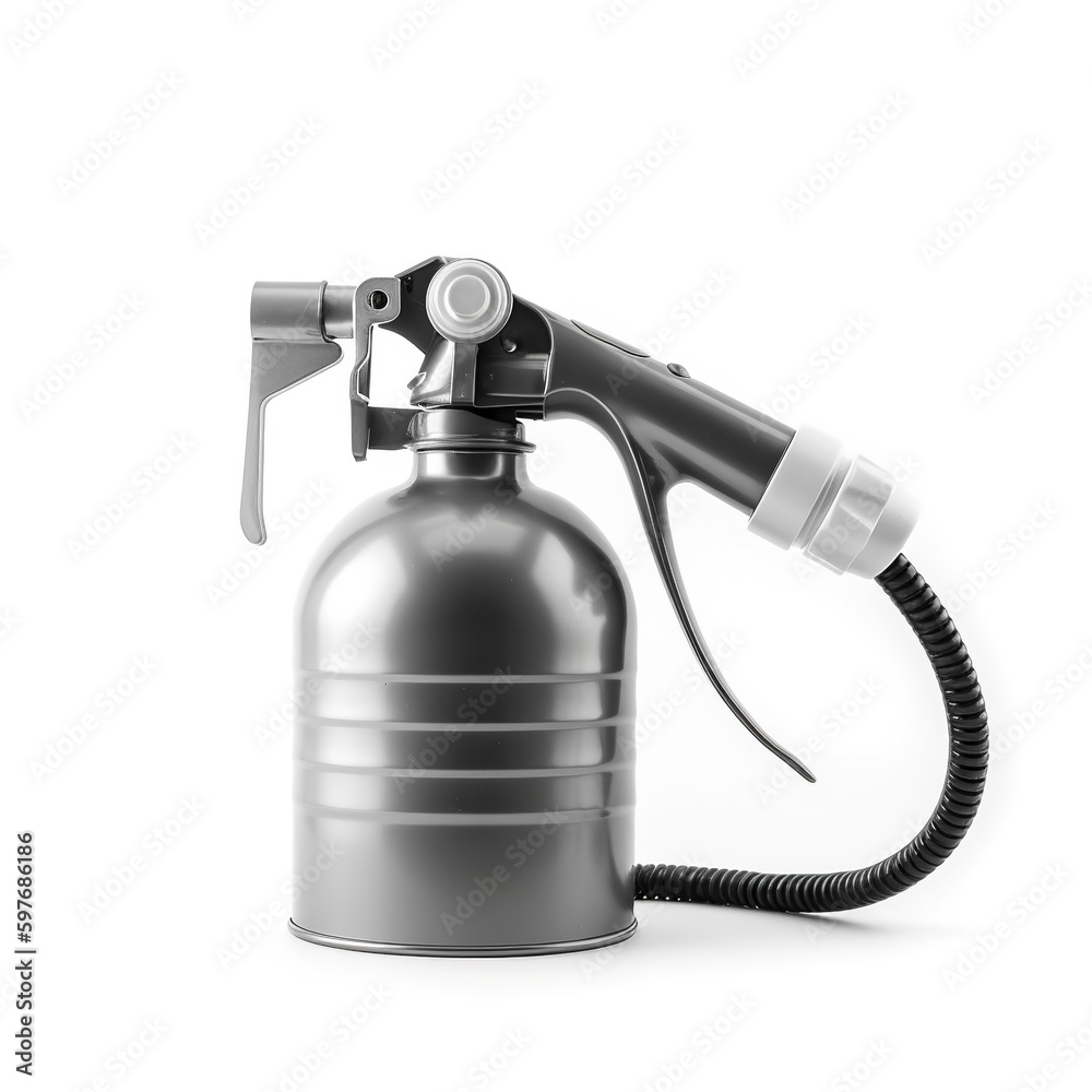 Aerosol sprayer with a metal body and a white background. Generative AI.