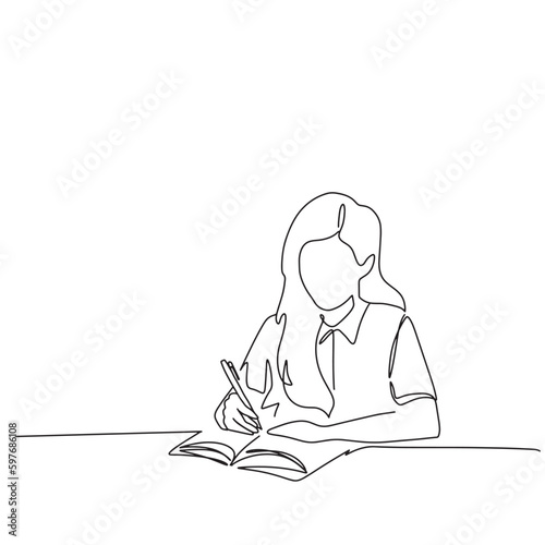 Continuous line. Freelan. Woman sitting and working at home. with computer schoolgirl lifestyle woman listening music podcast illustration vector hand drawn