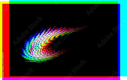 Dot swirling frame on a black background (as an example of use) with color decomposition into fractions. Separate use. Vector.