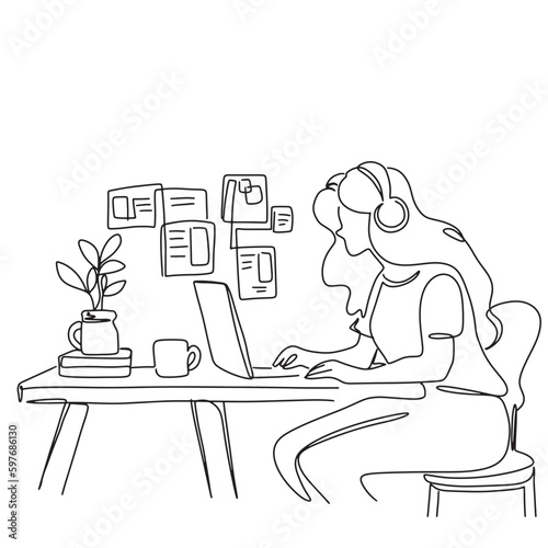 Continuous line. Freelan. Woman sitting and working at home. with computer schoolgirl lifestyle woman listening music podcast illustration vector hand drawn photo