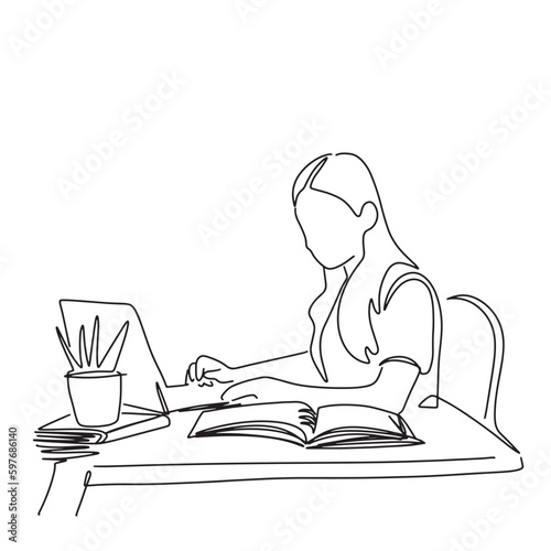 Continuous line. Freelan. Woman sitting and working at home. with computer schoolgirl lifestyle woman listening music podcast illustration vector hand drawn