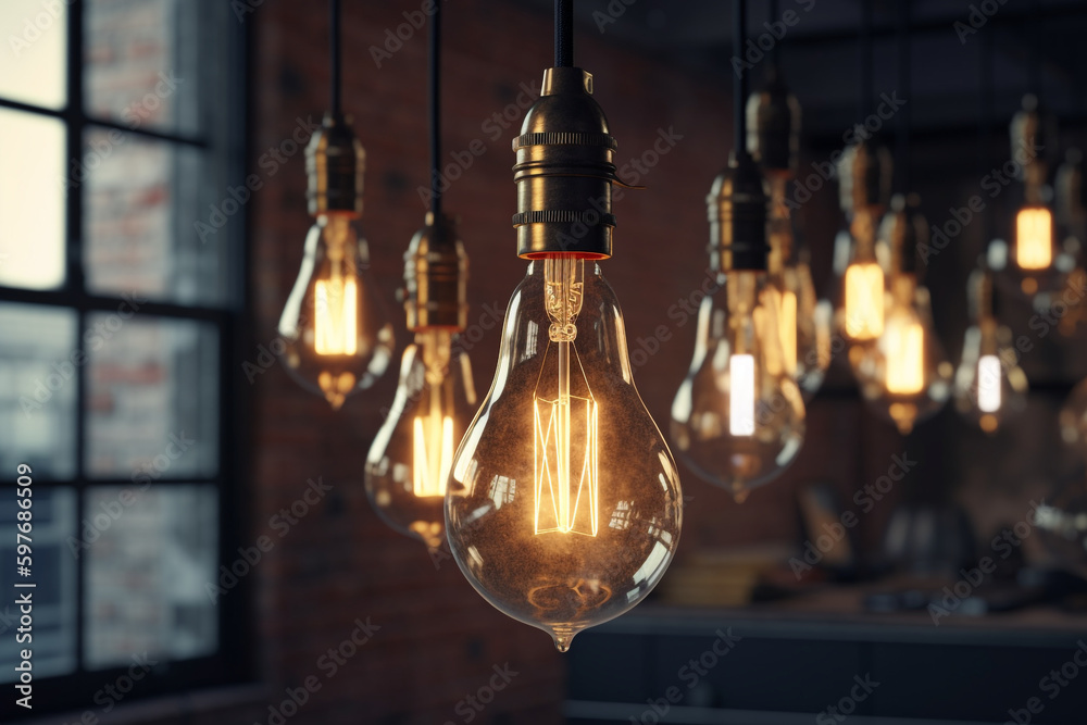 Obraz premium Retro Light Bulbs in Loft Interior, Generative AI 